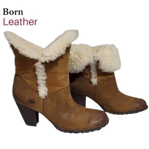 BORN Shearling Fur Winter Leather Brown High Heel Ankle Boot Donna Women 7.5